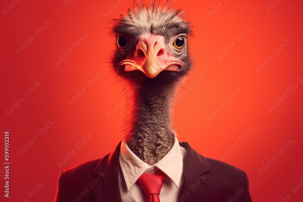Anthropomorphic Ostrich dressed in a suit like a businessman. Business Concept. AI generated, human enhanced Anthropomorphic Ostrich dressed in a suit like a businessman. Business Concept. AI generated, human enhanced