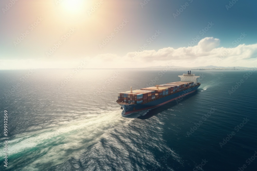 Container ship at sea delivers cargo. AI generated, human enhanced.