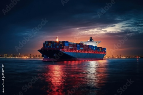 Container ship near the city port at night. AI generated, human enhanced.