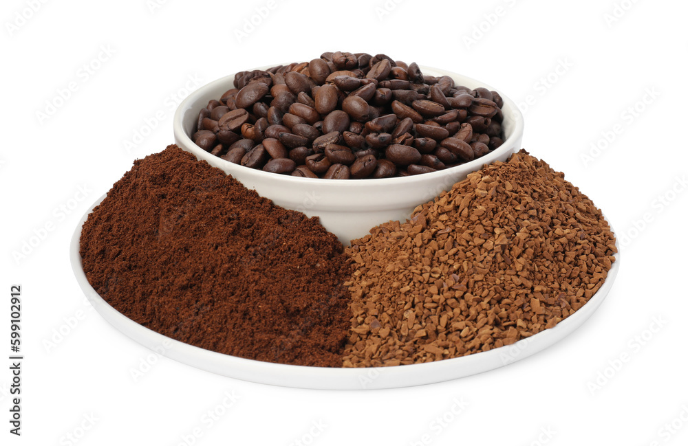 Plate with instant and ground coffee, roasted beans on white background Plate with instant and ground coffee, roasted beans on white background