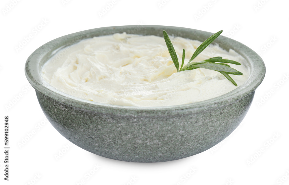 Delicious tofu cream cheese with rosemary in bowl isolated on white Delicious tofu cream cheese with rosemary in bowl isolated on white