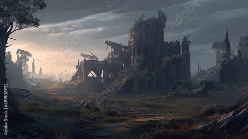 mystery castle ruins, digital art illustration, Generative AI © Artcuboy