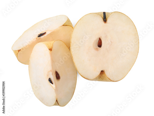 Fresh cut apple pear isolated on white, top view