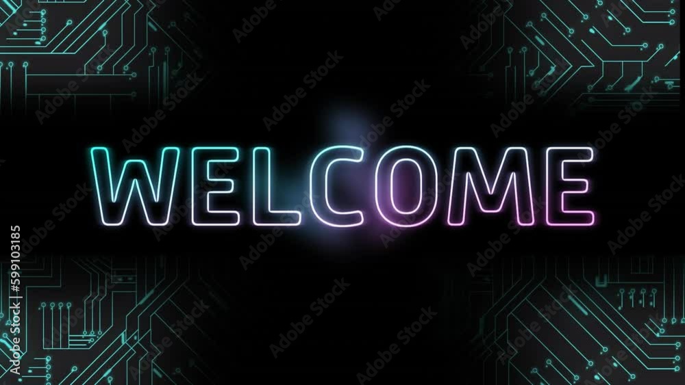 Animation of welcome text, data processing over computer circuit board Animation of welcome text, data processing over computer circuit board