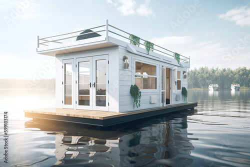 A houseboat floating on top of a body of water. AI generative. Tiny house, houseboat. photo