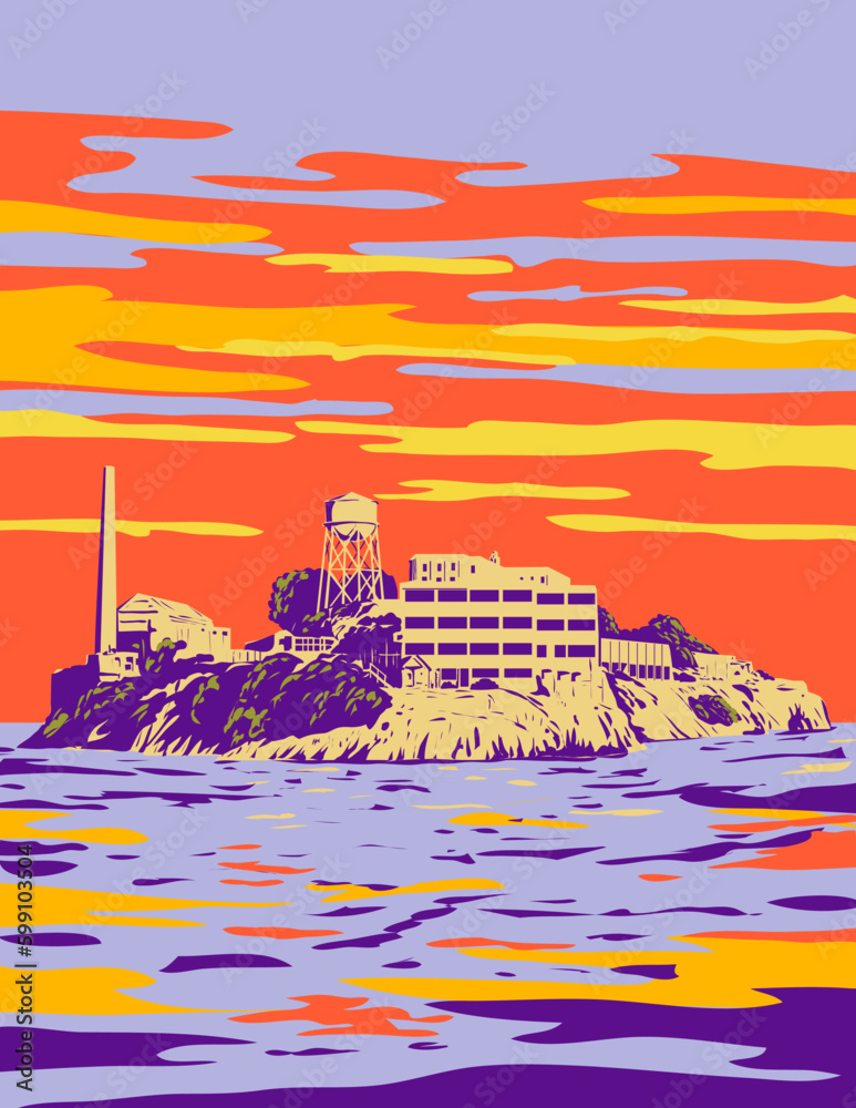 Fototapeta premium WPA poster art of Alcatraz Island with a lighthouse, military fortification and federal prison located in San Francisco, California USA done in works project administration or Art Deco style.