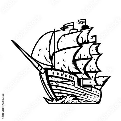 Retro woodcut style illustration the El Caleuche, The Enchanted Ship, Barcoiche, The Ghost Ship, or The Warlocks' Ship from  the Chilote mythology in southern Chile on isolated background.