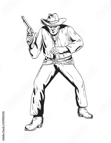 Comics style drawing or illustration of a cowboy with pistol drawn in a gunfight viewed from the front on isolated background in black and white retro style.