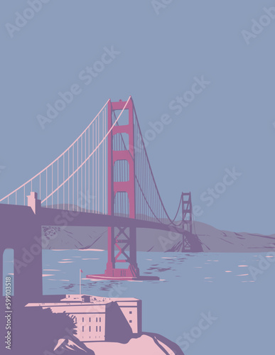 WPA poster art of Golden Gate Bridge connecting San Francisco Bay and the Pacific Ocean linking San Francisco to Marin County, California USA done in works project administration or Art Deco style.
