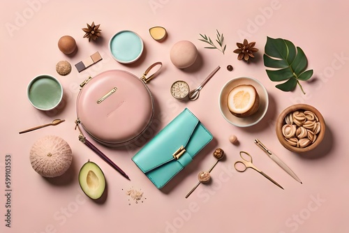 Fashion accessories, bag products, jewelry and handbags on pastel background. Beauty and fashion concept, flat lay, Generative AI