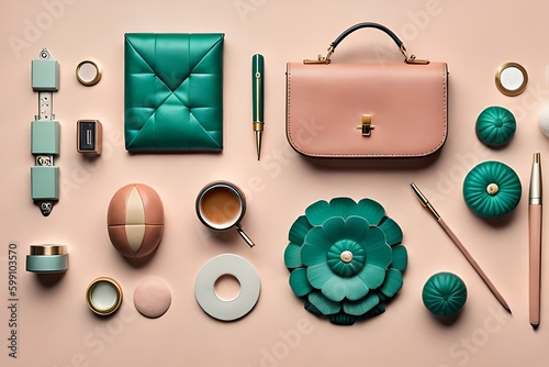 Fashion accessories, bag products, jewelry and handbags on pastel background. Beauty and fashion concept, flat lay, Generative AI
