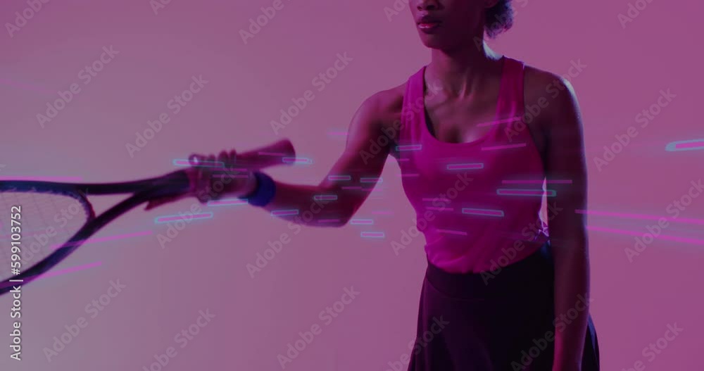 Animation of data processing over african american female tennis player Animation of data processing over african american female tennis player