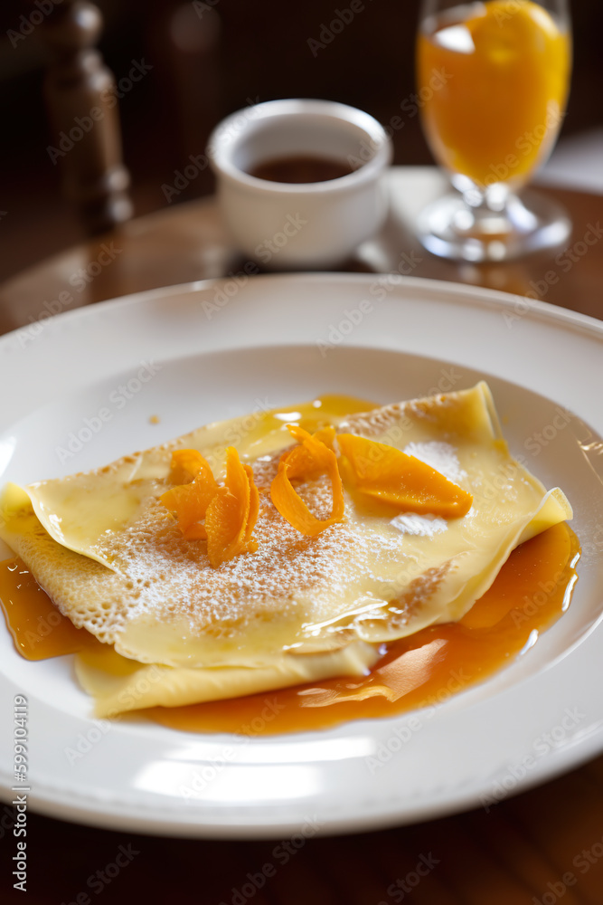 Crepe suzette, tasty pancakes with orange sauce on white plate, AI generative traditional French dessert Crepe suzette, tasty pancakes with orange sauce on white plate, AI generative traditional French dessert