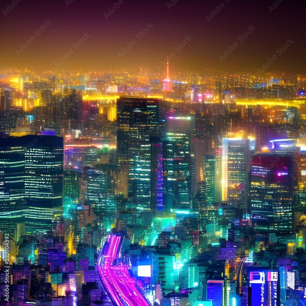 Busy futuristic city skyline at night with many neon lights