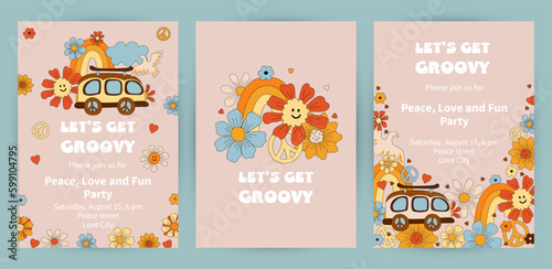 Templates with daisy flowers, retro car and rainbow for groovy party, birthday invitation, flyer, retro poster. Space for text. Vector illustration set.