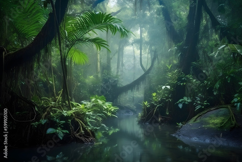 Deep tropical jungles of Southeast Asia with sun light. Generative AI © Kenishirotie