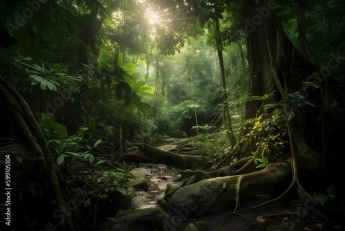 Deep tropical jungles of Southeast Asia with sun light. Generative AI