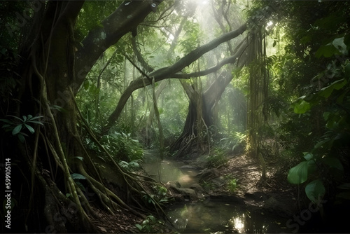 Deep tropical jungles of Southeast Asia with sun light. Generative AI