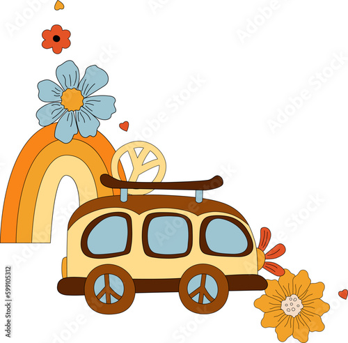 Design element with retro car, daisy flowers and rainbow for poster, banner, party invitation. Groovy vibes. Vector illustration