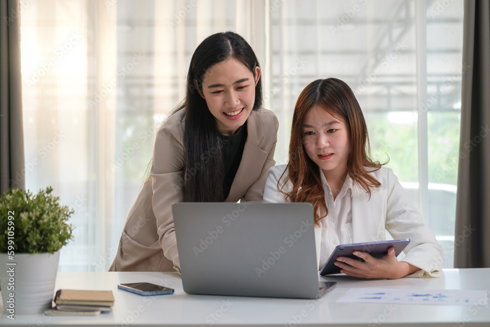 Friendly female office worker discussing results or presenting new project on laptop with colleague. Friendly female office worker discussing results or presenting new project on laptop with colleague.