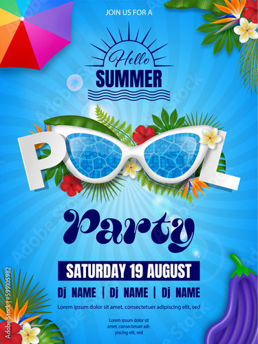 pool party poster. hello summer background with sunglasses and inflatables
