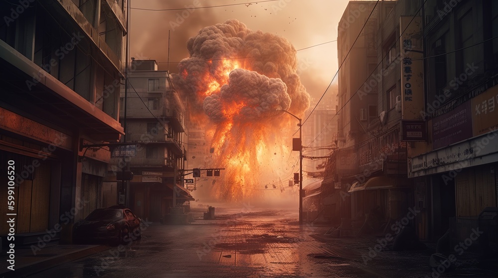 moment city hit by nuclear bomb, digital art illustration, Generative ...