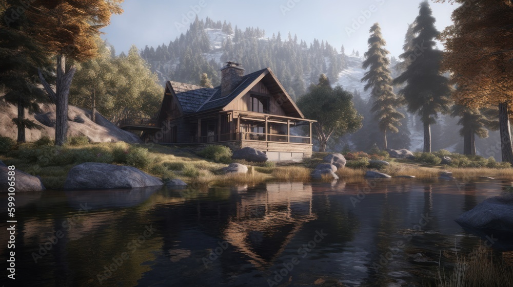 Cozy secondary house by a lake in the mountains. Generative AI illustration.