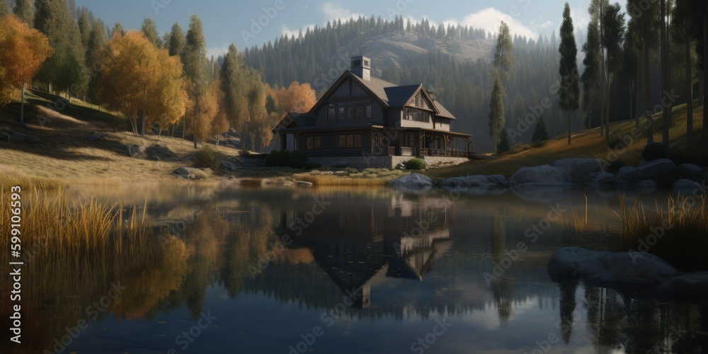 Fototapeta premium Cozy secondary house by a lake in the mountains. Generative AI illustration.