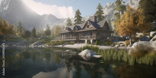 Rich villa on a lake in the mountains. Secondary house exterior design illustration. Generative AI.