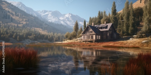 Cozy secondary house by a lake in the mountains. Generative AI illustration.