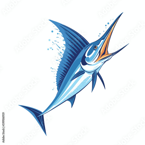 Vector illustration of blue marlin sword fish jump from water outdoor fishing sport logo design