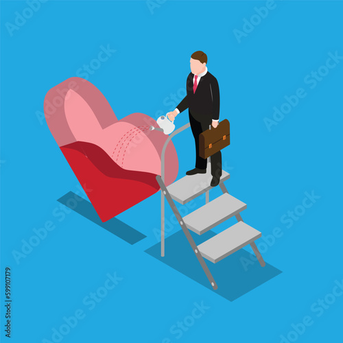 businessman pouring water to fulfill heart isometric 3d vector illustration concept for banner, website, illustration, landing page, flyer, etc.