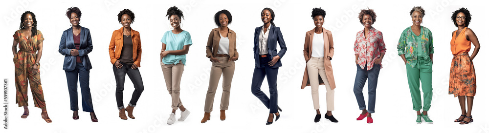 Obraz premium Group of full body black women all with different ages, sizes, hairstyles, clothing, separately isolated on a white background. Illustration created with Generative AI technology.