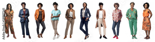 Group of full body black women all with different ages, sizes, hairstyles, clothing, separately isolated on a white background. Illustration created with Generative AI technology.