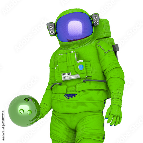 astronaut is holding a golden bowling ball trophy