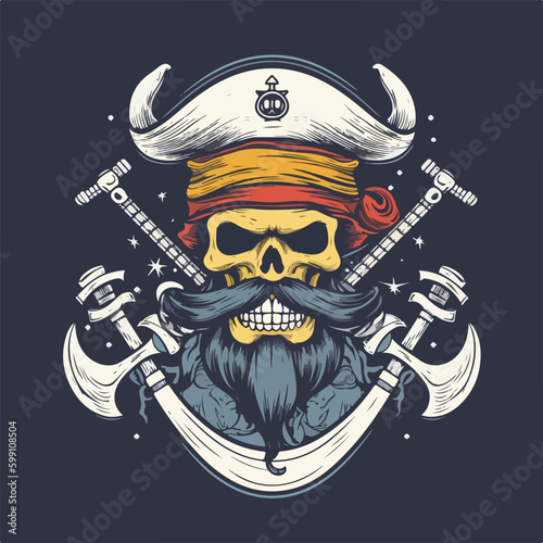 Vector illustration of skull head pirates with hat and sword vintage logo design