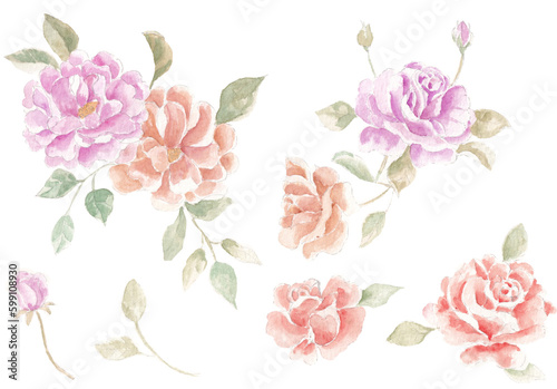set of rose flowers and leaves