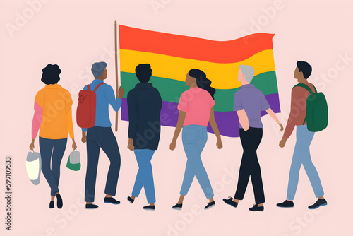 people walking with LGBT flags, back view. People representing the diversity of the LGBTQ+ community. Pride concept. 