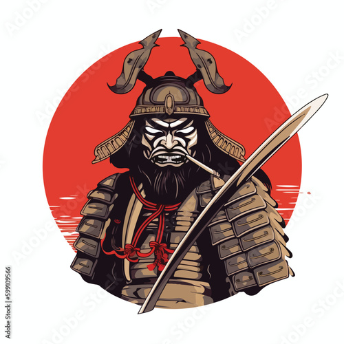 Japanese samurai warrior wearing armor and traditional oni mask devil and holding katana sword vector illustration