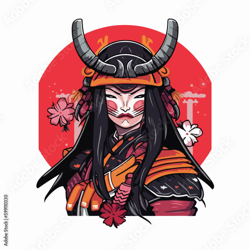 Traditional japanese geisha girl wearing samurai warrior costume and devil oni mask cartoon vector illustration