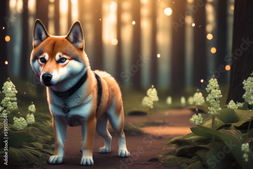 Beautiful and cute red shiba inu puppy with a collar stands in a fairy forest. generative ai illustration