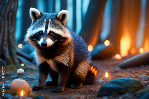 cute young racoon animal sitting in a magical forest with candel light around it, background with moss and trees. generative ai illustration
