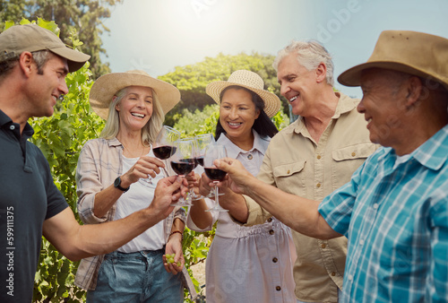 Diverse group of friends toasting with wineglasses on vineyard. Happy group of people standing together and bonding during wine tasting on farm over a weekend. Friends enjoying white wine and alcohol