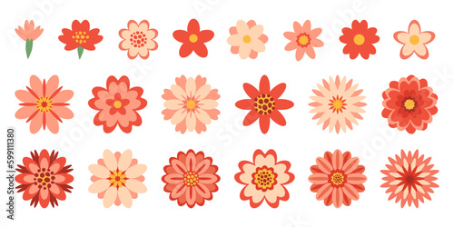 Decorative red flowers set in flat style. Spring summer stickers collection. Vector design elements isolated on white background. Floral symbol, top view.