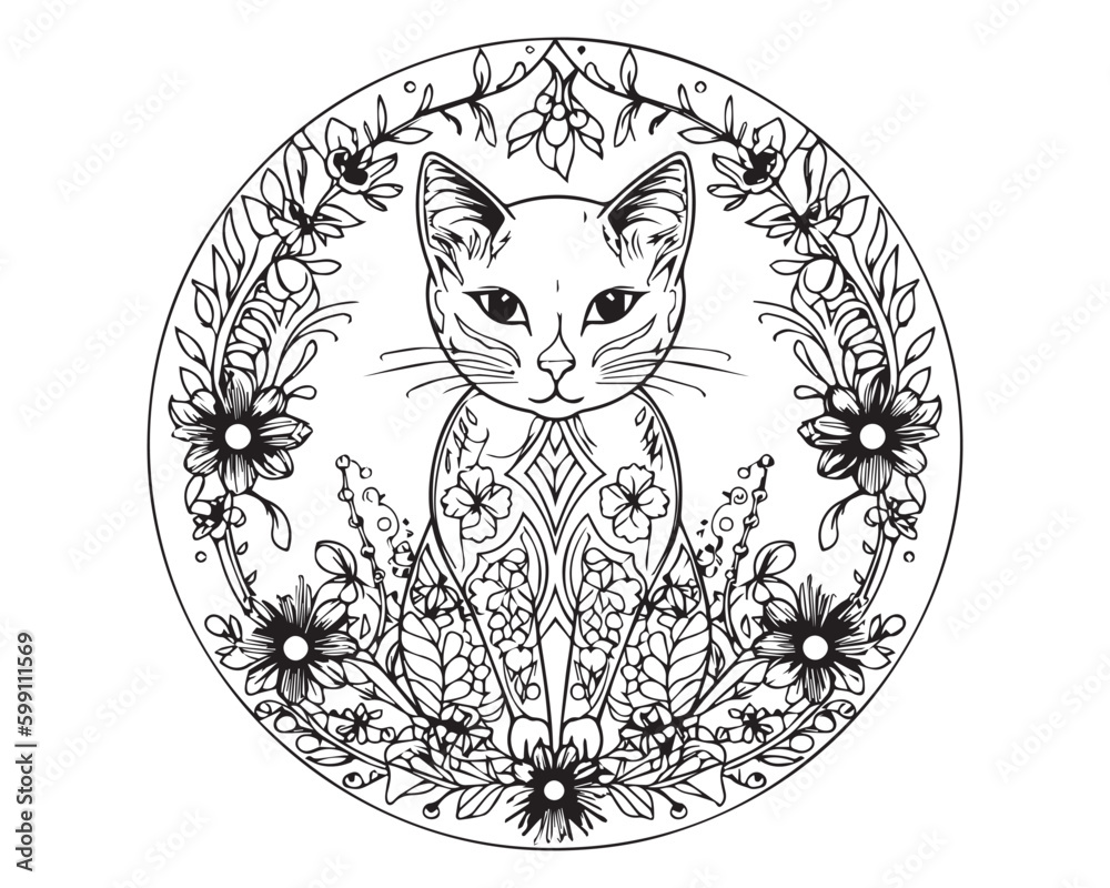 A black and white drawing of a cat with flowers in the middle ...
