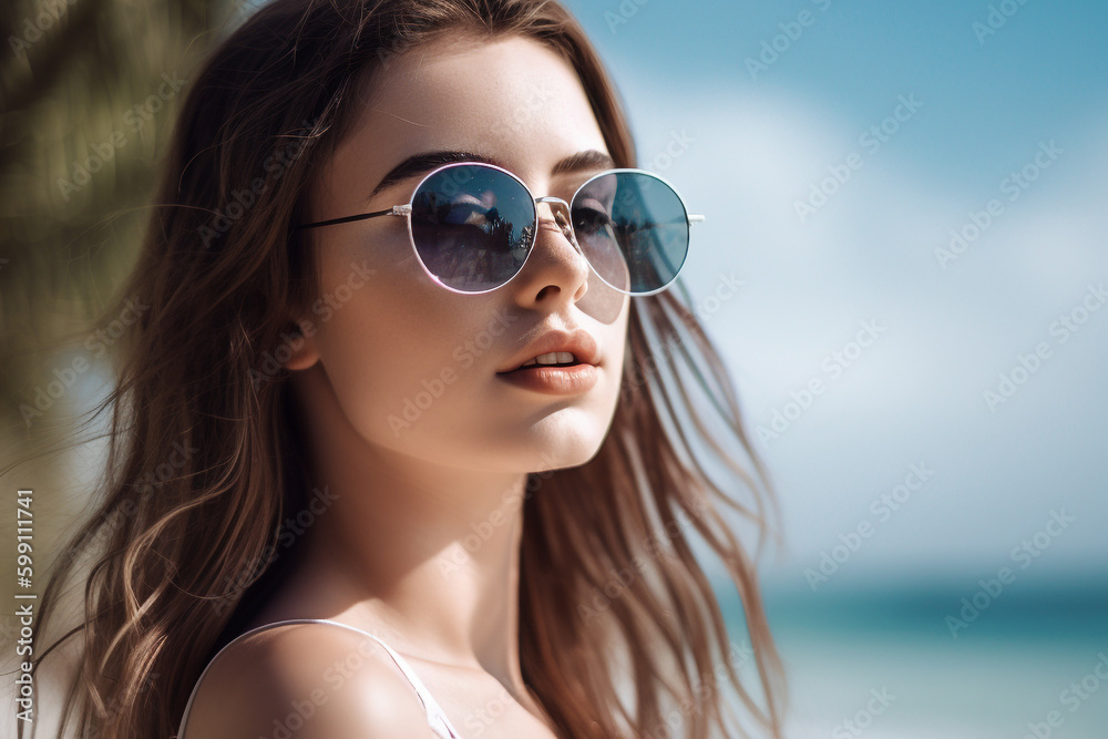 Portrait charming young woman model white skin in string bikini wearing ...