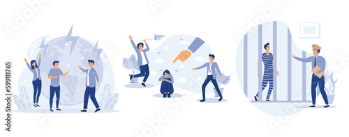 Unlawful behavior concept, Social conflict, violence at school, juvenile delinquency, teenage crime, vandalism act, social relations, bullying, set flat vector modern illustration
