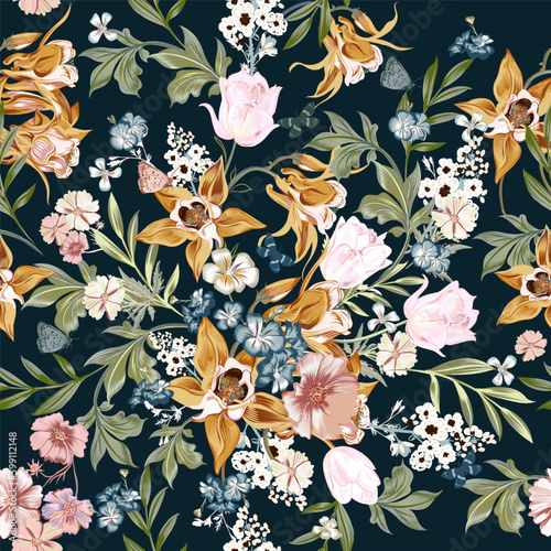 Fashion vector seamless pattern watercolor flowers leaves on navy blue back
