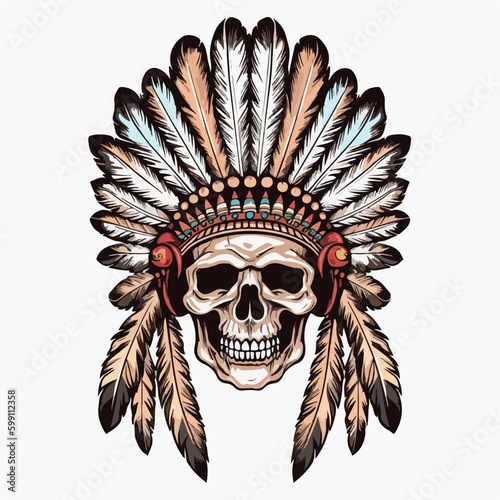 Vector illustration of skull head aborogin apache native american indian face with feather hat traditional ethnic culture