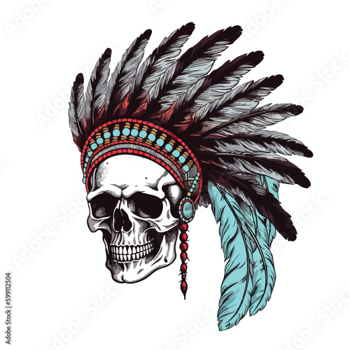 Vector illustration of skull head aborogin apache native american indian face with feather hat traditional ethnic culture